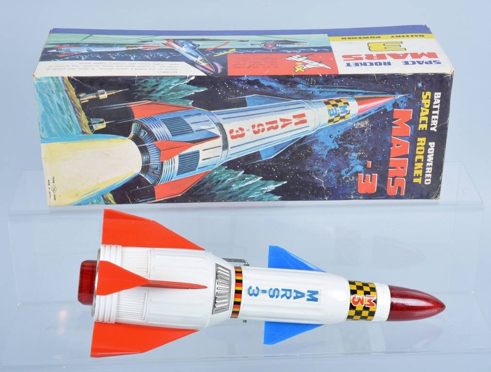 TN Battery Op MARS-3 SPACE ROCKET w/BOX: Great looking Mars-3 Rocket made in Japan by TN. Nice details and action. With box. Excellent