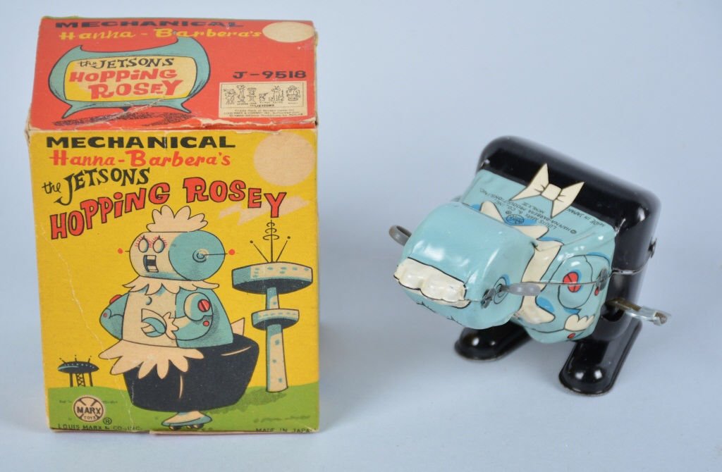 MARX Tin Windup JETSONS ROSEY HOPPER w/BOX: Hard to find marx Jetson Rosey Hopper. Great colors and action. Has original ear antennas. Come with scarce original box. Excellent