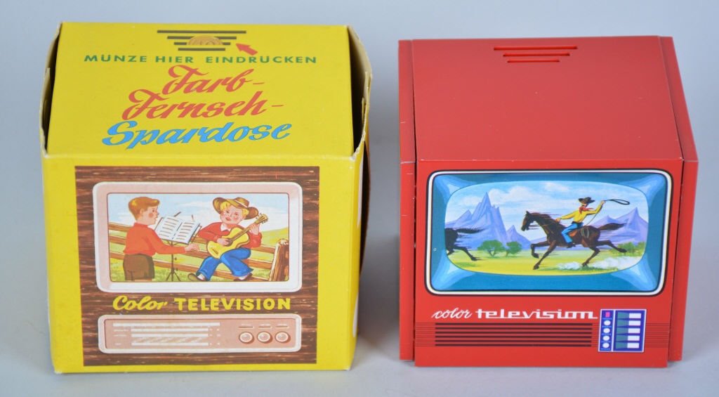 Western Germant COLOR TELEVISION BANK w/BOX: New Old Stock tin Color Television Bank made in Western Germany. Great colors and details. With original box. Near Mint