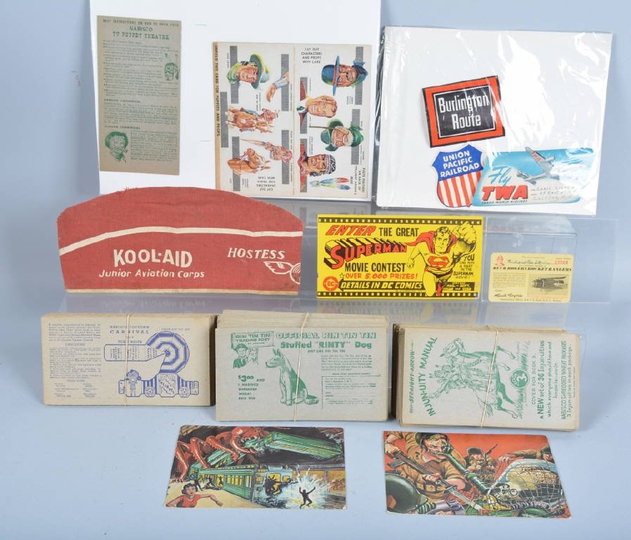 Lot of VINTAGE PREMIUMS: Includes Buck Rogers Rocket Ranger Card, Mars Attacks Cards, DC Comics Superman Sticker, 142 Nabisco cardboard Premiums includes Rin Tin Tin, Straight Arrow, and Carnival, TWA Airlines Card, Union Pac
