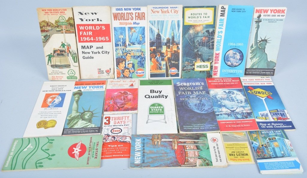 1964-65 NY WORLDS FAIR MAPS: Very large lot of Worlds Fair Maps. Includes Cities Services Maps, Sunway Maps, Souvenir Maps, Shell Gas, Sunoco Gas, and More. Many rare and hard to find items. Excellent