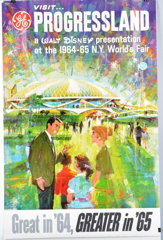 1964-65 NY WORLDS FAIR GE PROGRESSLAND PRINT: Nice original print of General Electrics Progressland from the Worlds Fair. Great colors and graphics. Has been folded. Measures 42"x29" Excellent