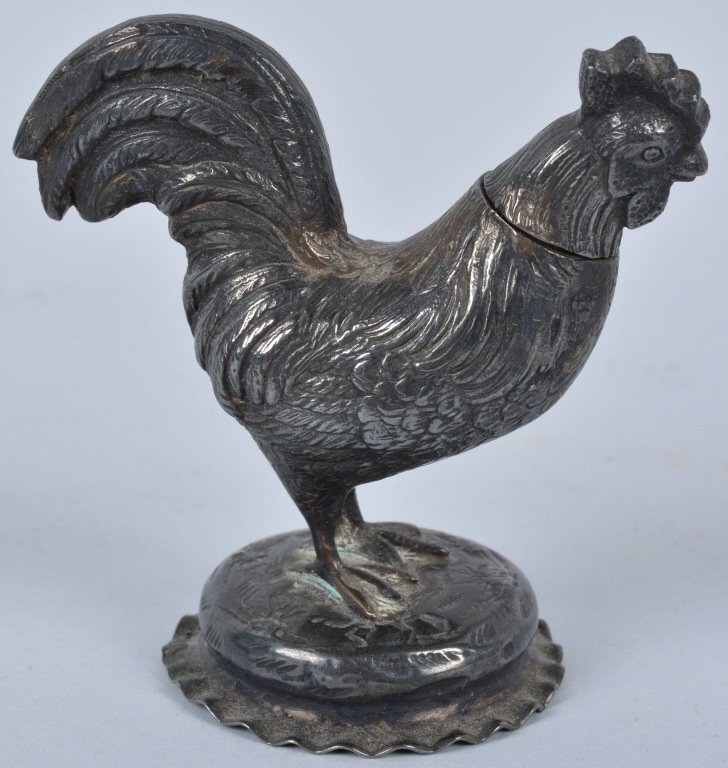 Figural Rooster Silver Pill Box: Superb detail and craftsmanship. Measures 3 1/8". Head removes, and hall marked on neck. Excellent