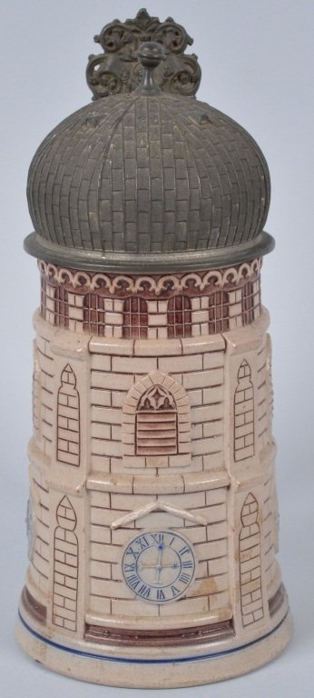 German Stein Clock Tower with Domed Pewter Lid: Superb detailing and colors. Marked Gesetzlich Geschutzt and TW underneath. 8 3/4" high, Excellent