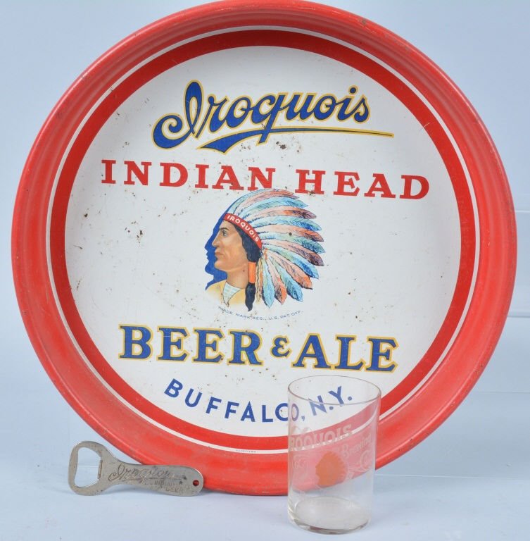 Lot of 3 Iroquois Beer Advertising Items: Nice lot with tin tray measuring 13"diameter, metal bottle opener, and pre prohibition etched glass. Very Good to Excellent