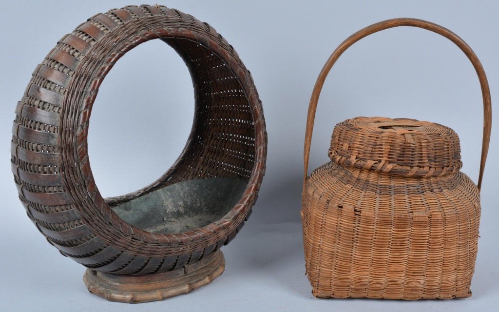 Lot of 2 Antique Wicker Items: Lot includes wicker planter with tin insert measuring 12" by 11", along with wicker covered basket. Excellent