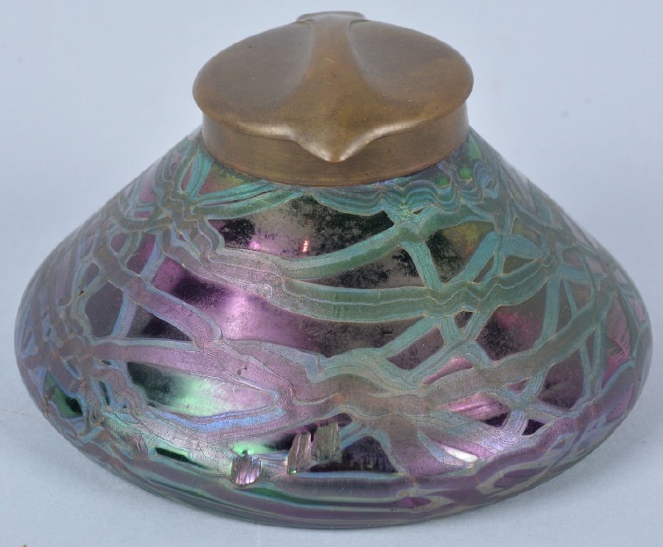 Loetz Iridescent Art Glass Ink Well: Superb ink well measuring 4" at the base. Excellent