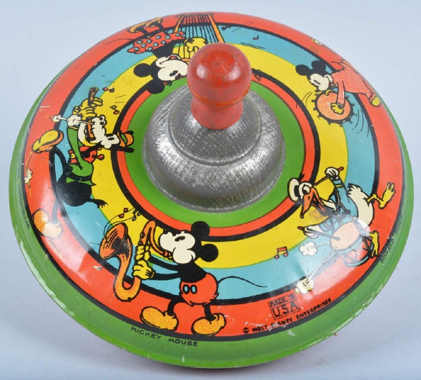 1930's Mickey Mouse Toy Top, WDE: Very nice top with the early Pie Eyed Mickey Mouse, Horace Horse Collar, Minnie, Long Billed Donald Duck, and one of Mickeys nephews. 1935 or older due to the features of the characters. Measures 7" d