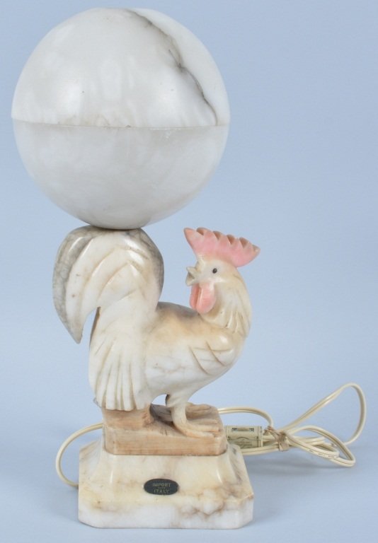 Vintage CARVED ALABASTER CHICKEN LAMP From ITALY: Beautiful carved Alabaster chicken lamp. Very well done with excellent colors. Still has import from Italy tag. Piece does have some age. Measures 14" tall. Excellent