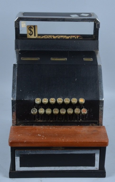 FEDERAL ART DECO STYLE CASH REGISTER: Nice original Federal Cash Register. Very strong Art Deco design. All black with chrome deco looking accents. Cash register works well. Has Federal stick on back. Front glass is missing but is a simpl