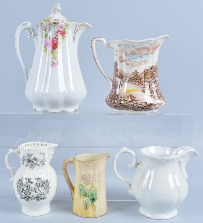 Lot of 5 Vintage CERAMIC PITCHERS: Very nice lot of vintage Pitchers. Includes KPM Germany, Johnson Brothers, Royal Worchester, and others. Most is excellent shape. Tallest measures 10" tall. Excellent