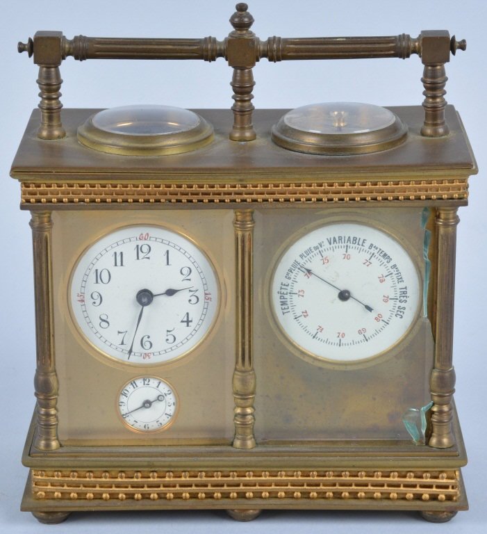 Antique Carriage Brass Clock, Barometer, Compass: Interesting brass carriage clock measuring 6 1/2" by 5 1/2". Clock face and barometer face are porcelain. Has compass on top. Glass is beveled all around. The glass chipped in front of barometer. The 