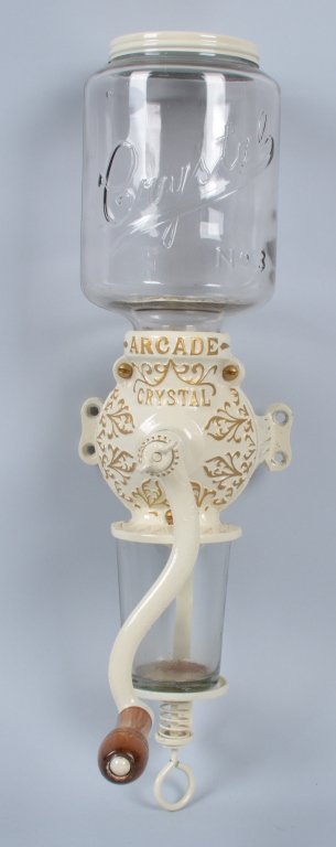 ARCADE Cast Iron CRYSTAL #3 COFFEE GRINDER: Excellent looking coffee Grinder. Is all complete including correct glass. Very hard to find with the original signed Arcade removable glass cup. The grinder has been professionally restored to better