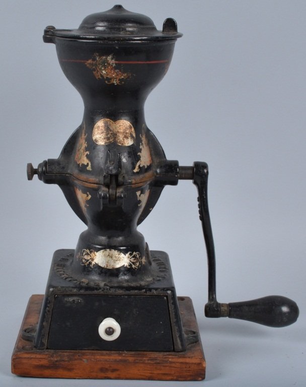 ENTERPRISE #1 Cast Iron COFFEE GRINDER: Excellent all original Coffee Grinder. Complete with lid and drawer. Has nice black paint and original details. Measures 13" tall. Excellent