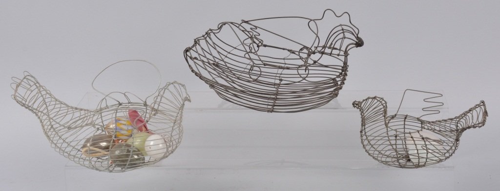 Lot of 3 VINTAGE CHICKEN FORM EGG BASKETS: Nice lot includes 3 vintage egg baskets in the form of Chickens. All original in three different sizes. Largest measures 14" long. Excellent