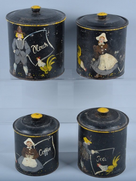 Vinatge PAINT TIN CANISTER SET: Nice early set of painted tin canisters. Includes Flour, Sugar, Coffee, and Tea. Very nice original paint of chickens and Dutch people. Some patina throughout. Very Good