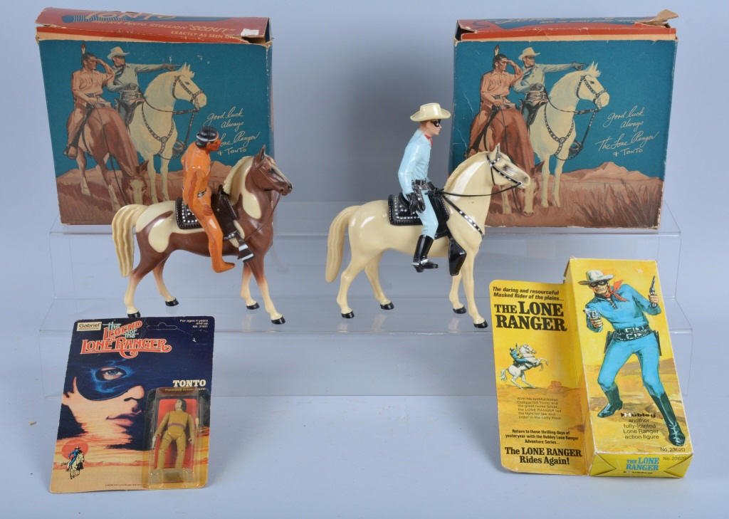 Lone Ranger & Tonto Hartland Toys & More: Great lot with a boxed Lone Ranger and Tonto Hartland figures, a Hubley Lone Ranger action figure MIB, a Gabriel Tonto figure mint in package, and a photo of the Lone Ranger and Tonto. Excellent