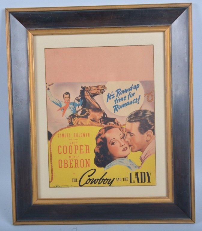 THE COWBOY and the LADY MOVIE LOBBY CARD: Nice original Movie Lobby Card for the classic western. Has great colors and graphics. Starring Gary Cooper and Merel Beron. Professionally framed. Measures 26"x22". Excellent