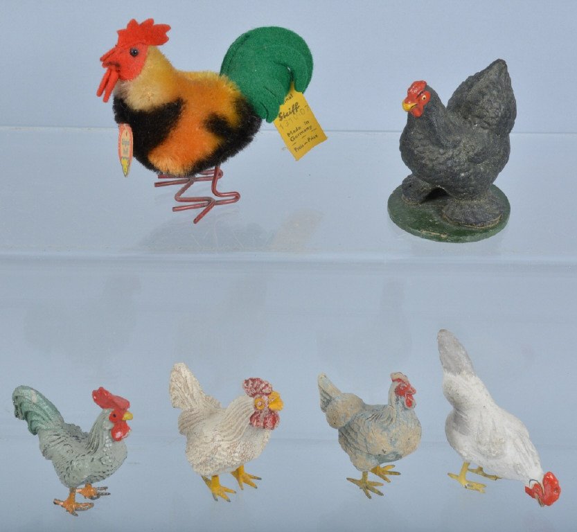Lot of 5 GERMAN PUTZ and 1 STEIFF CHICKENS: Nice lot included 5 original German Puzt Chicken figures and Miniature Steiff Chicken with tag. All original with nice colors. Largest measures 3" tall. Excellent