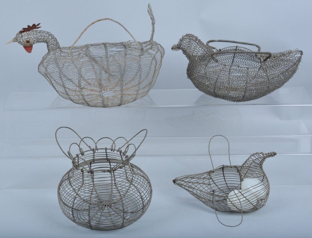 Lot of 4 VINTAGE CHICKEN FORM EGG BASKETS: Lot of 4 Chicken Form wire egg baskets. All original and nice shape. Largest measures 14". Excellent