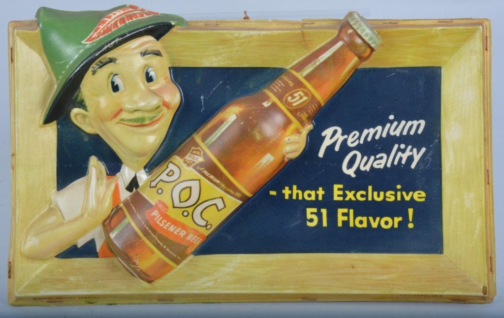 P.O.C. PILSNER BEER SIGN: Excellent early P.O.C. Blown Plastic Sign. Has great image of German Man holding beer bottle. Still has nice colors. Minor typical crack at top edge. Displays great. Measures 13"x9". Very Good
