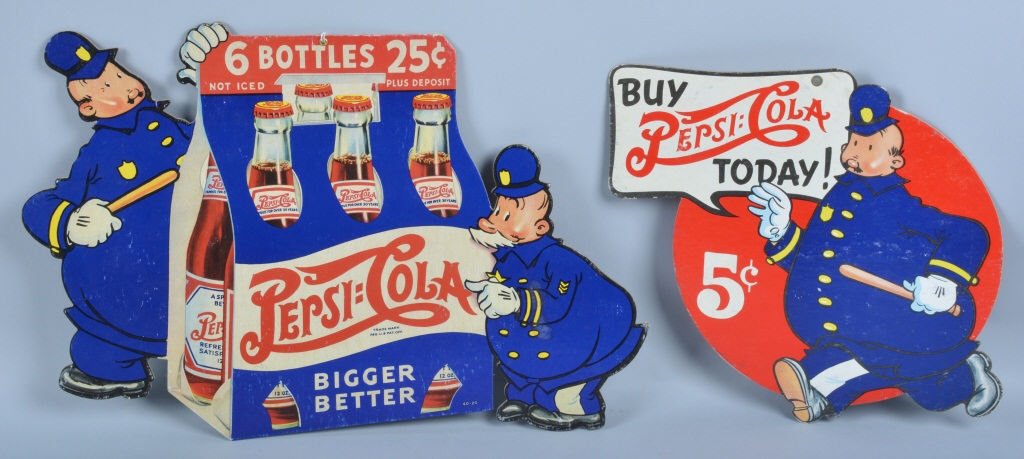 2- PEPSI KEYSTONE COPS DIECUT SIGNS: Nice Pepsi Keystone Cops diecut cardboard double sided hanging sign. Nice colors and image and diecut cardboard counter top sign. Largest measures 22"x15". Excellent
