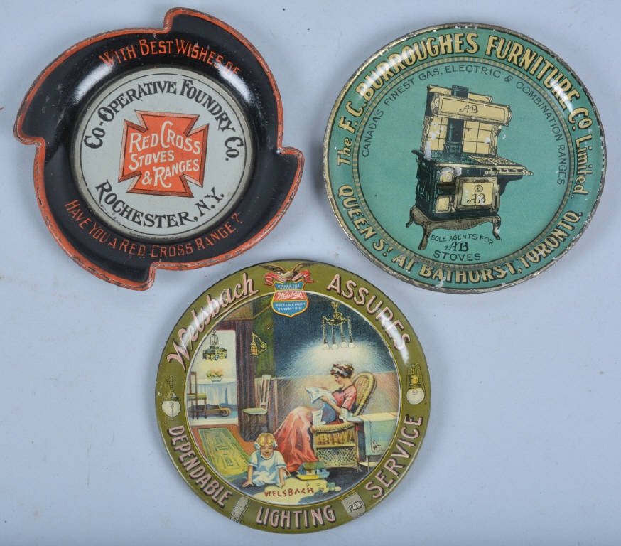Lot of 3 VINTAGE ADVERTISING TIP TRAYS: Nice lot of 3 vintage advertising tip trays. Includes Red Cross Stoves, FC Burroughes Furniture, and Welsbach Lighting. All trays original with nice colors. Excellent