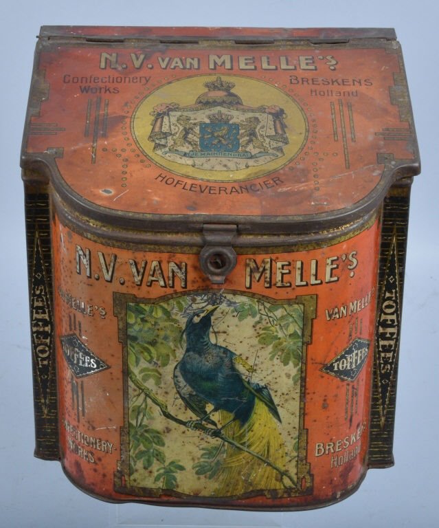 Antique Van Melle's Toffee Bin: Measures 10" by 9" by 8" and has great graphics. Missing part of latch. Good-Very Good