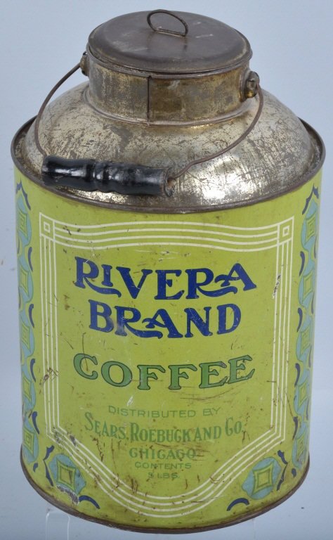 SEARS & ROEBUCK RIVERA 5 Lb. COFFEE TIN: Unusual Sears & Roebuck Rivera Brand 5 Lb. Coffee Tin. Nice early tin with nice colors. Measures 11" tall. Excellent