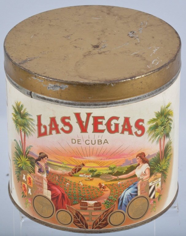 LAS VEGAS PAPER LABLE CIGAR TIN: Very nice Las Vegas paper lable Cigar Tin. Very nice colors and image. Measures 5" tall. Excellent