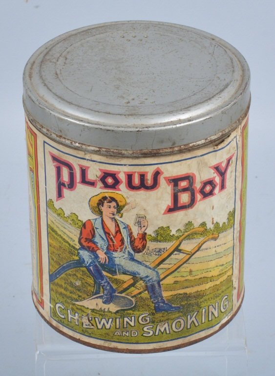 PLOW BOY PAPER LABLE TOBACCO TIN: Very nice early paper label Plow Boy Tobacco Tin. Great colors and image. Measures 6" tall. Excellent