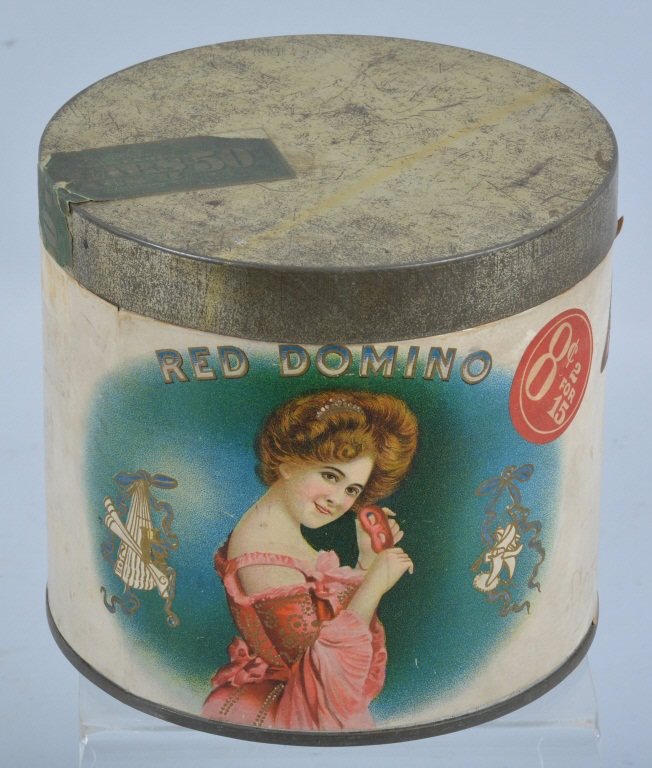 RED DOMINO PAPER LABLE CIGAR TIN: Very nice early paper label cigar tin. Great colors and image. Measures 5" tall. Excellent
