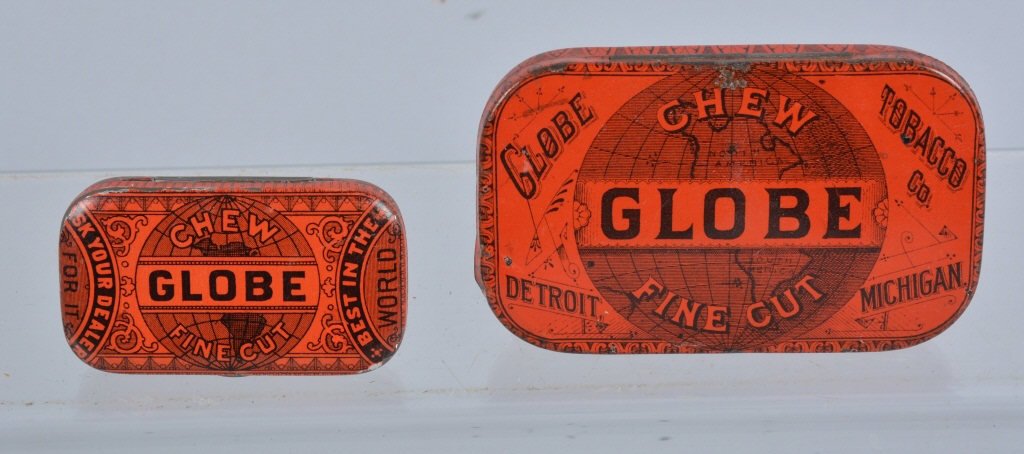 Lot of 2 GLOBE FINE CUT TOBACCO TINS: Nice lot includes 2 Globe Tobacco Tins. One pocket and one mini tin. Great colors and design. Excellent