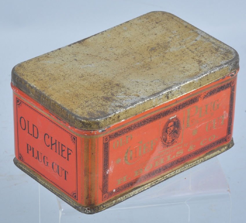 OLD CHIEF PLUG CUT TOBACCO TIN: Nice early tobacco tin with nice colors and image. Excellent