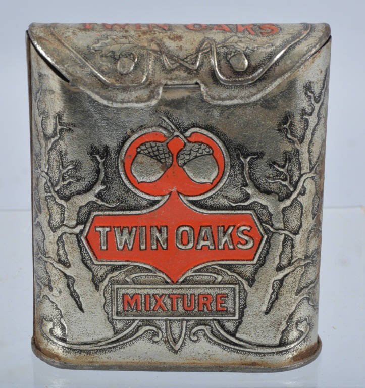 TWIN OAKS POCET TOBACCO TIN: Nice early pocket tobacco tin. Nice colors and embossed tin. Excellent