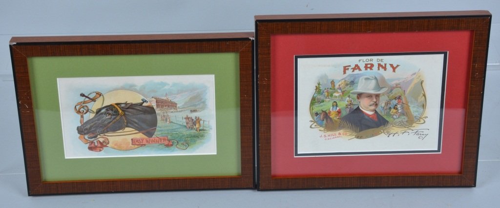 Lot of 2 CIGAR LABELS: Nice lot of vintage Cigar Labels. Includes Farney and Easy Winner. Both nicely framed. Measures 12"x8". Excellent
