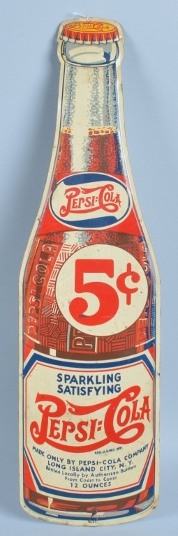 Pepsi 5 Cent Bottle Tin Sign: Nice sign measuring 29 1/2" high. Marked M-23. Light wear and bending. Great graphics. Very Good-Excellent