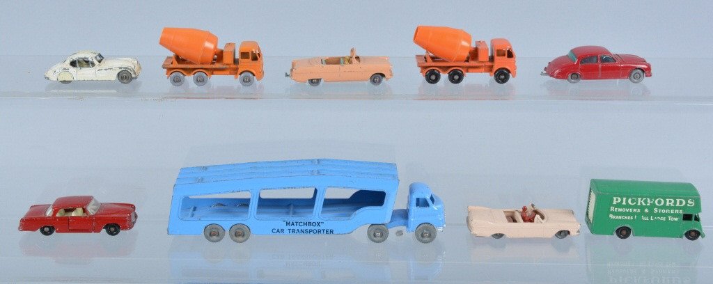 Lot of 9 Early LESNEY MATCHBOX CARS: Nice set of early Lesney Matchbox Cars includes Plymouth Belveder, Jaguar XK140, Pickford Removal Van, Mercedes 220SE, 2 Foden Cement Trucks, Car Transport, Ford Zodiac, and Jaguar 3.4 Liter. Some chi