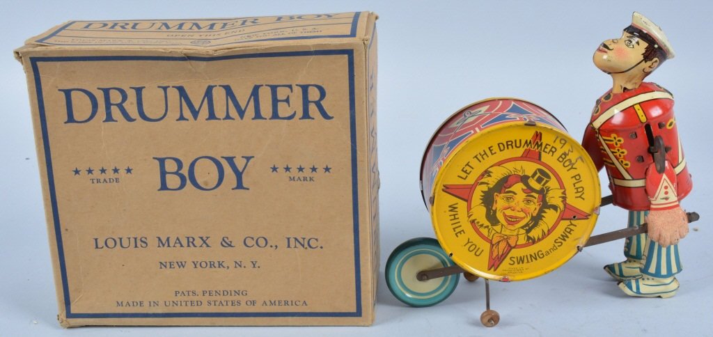 MARX Tin Windup WALKING DRUMMER BOY w/Box: Very rare Marx Drummer Boy tin windup. Beautiful toy is all original with great colors and litho. A very impressive early Marx toy. Windup mech works well. Comes with rare original box. A great additi