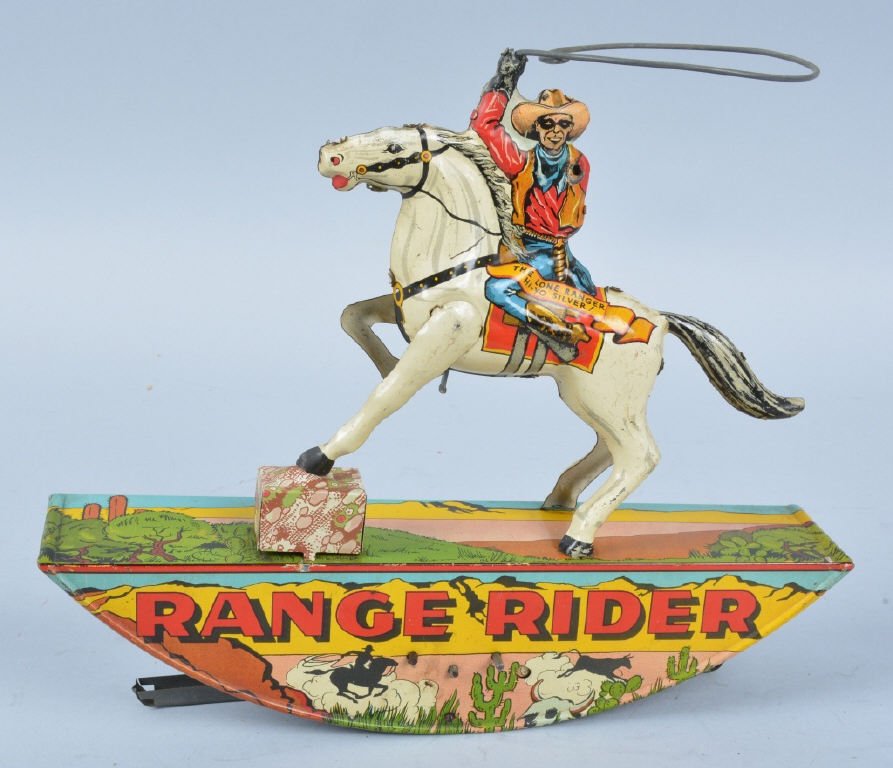 MARX Tin Windup LONE RANGER ROCKER: Nice Marx windup Lone Ranger Range Rocker toy. All original with nice colors. Missing arm, but replacements are available. Windup works. Very Good