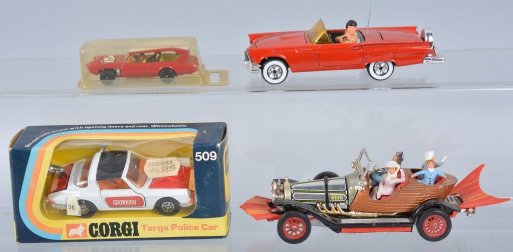 Lot of 4 VINTAGE CORGI TOYS inc. CHITTY BANG: Nice group of Corgi Toys includes vintage Chitty Chitty Bang Bang all original and complete, Corgi Jr Monkey Mobile all original and complete, Vegas Ford Thunderbird all original and complete, and Tar