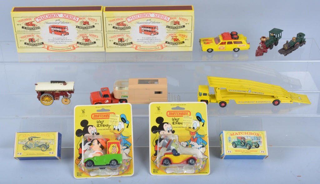 Lot of 11 LESNEY MATCHBOX CARS: Nice lot includes Pinochio, Jimney Cricket, 1911 Renault, 1911 Maxwell, Steam Engine, 2 Trains, Ascot Stable Horse Truck, Farnborough Meashat Car Auction Truck and Car, and 2 40th Anniversary Sets. Mo