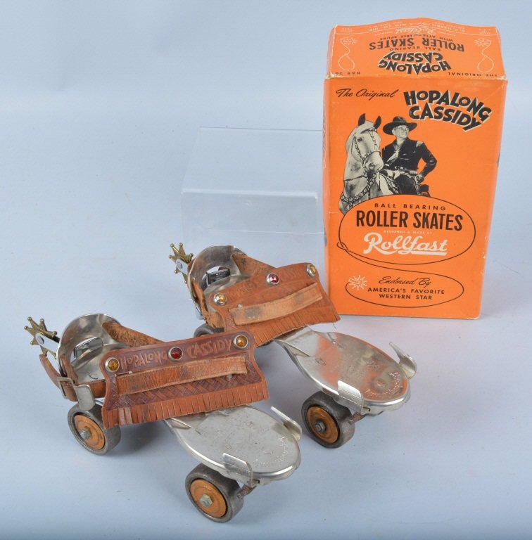 "RARE" HOPALONG CASSIDY ROLLER SKATES w/Box: Very rare set of Hopalong Cassidy Roller Skates. Set is all original including spurs and leather buckles. Set has great finish and very little wear. Comes with colorful original box. A great addition 