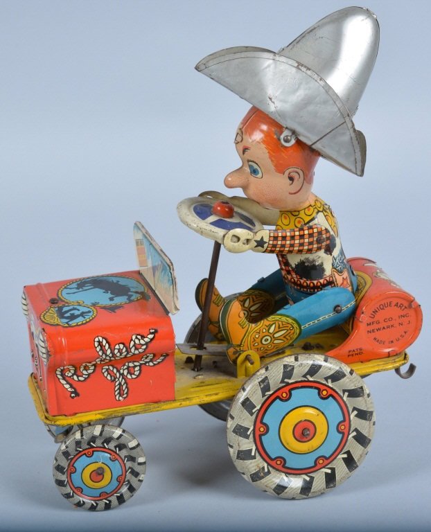 UNIQUE ART Tin Windup RODEO JOE CRAZY CAR: Nice looking Cowboy in a Crazy Car. Great colors. All original. Works. 8". Excellent