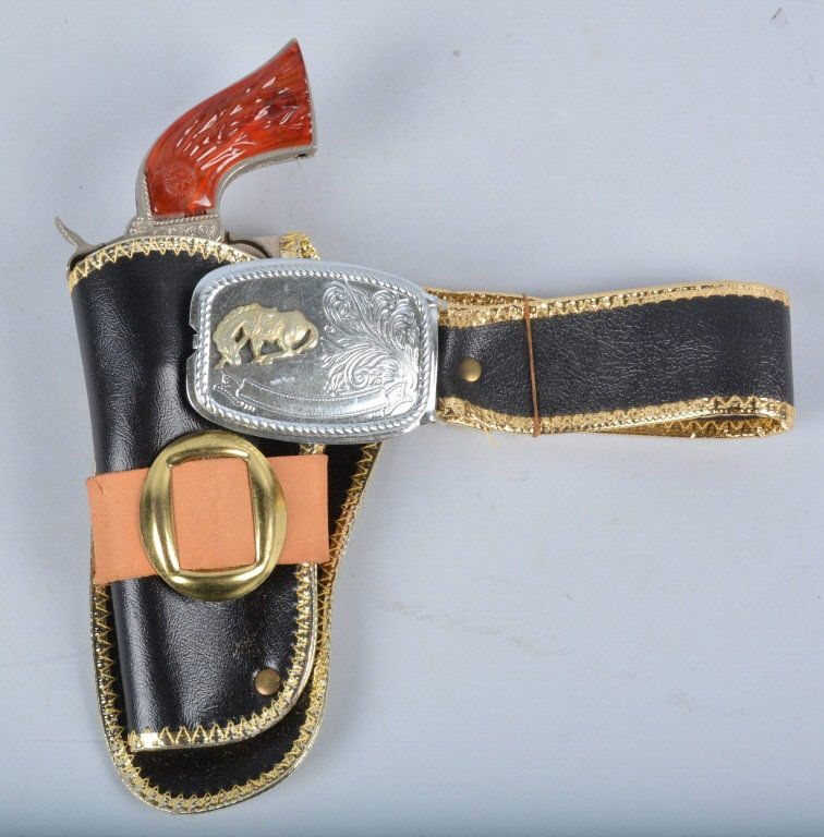 HUBLEY "FACTORY SAMPLE" RODEO CAP GUN & HOLSTER: Hubley Factory Sample Diecast Cap Gun and Holster. Near Mint. Prov. Hubley Archive