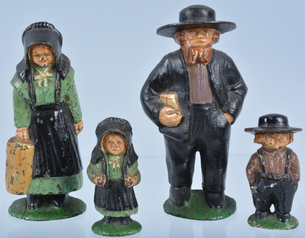 HUBLEY "FACTORY SAMPLE" AMISH FAMILY PAPER WEIGHTS: Original set of Hubley Cast Iron "Factory Sample" Amish Family Paper Weights. Largest 5" tall. Prov. Hubley Archive