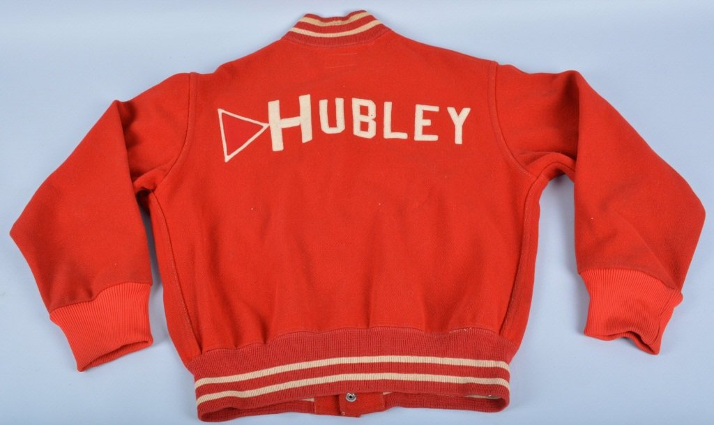 ORIGINAL HUBLEY VARSITY STYLE JACKET: Very unique Varsity Style Jacket with original Hubley Logo on Back. The name Irvin stitched on Front. Size 42. Looks like a 50s era Jacket. Worn by Executive at Factory. Excellent