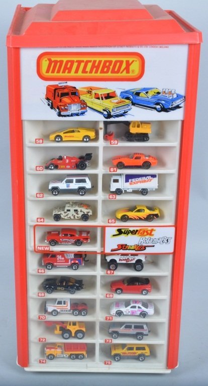 1970s-80s MATCH BOX SUPERFAST STORE DISPLAY "FULL": Outstanding 1970s-80s Superfast-RolaMatics-Streakers Store Display full of 80 Cars all Mint in Boxes! Cars are displayed and boxes are in the top of the display. A great Matchbox piece!! Near Mint