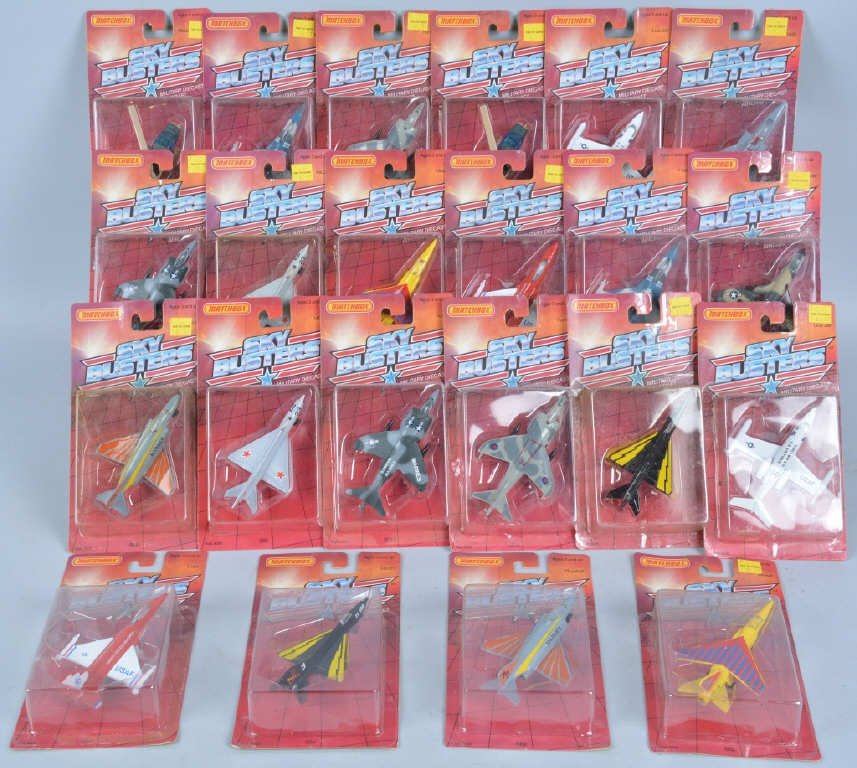 Lot of 22 MATCHBOX SKY BUSTERS moc: Nice lot includes Airplanes and Helicopters all mint on cards. Cards are dusty. Excellent