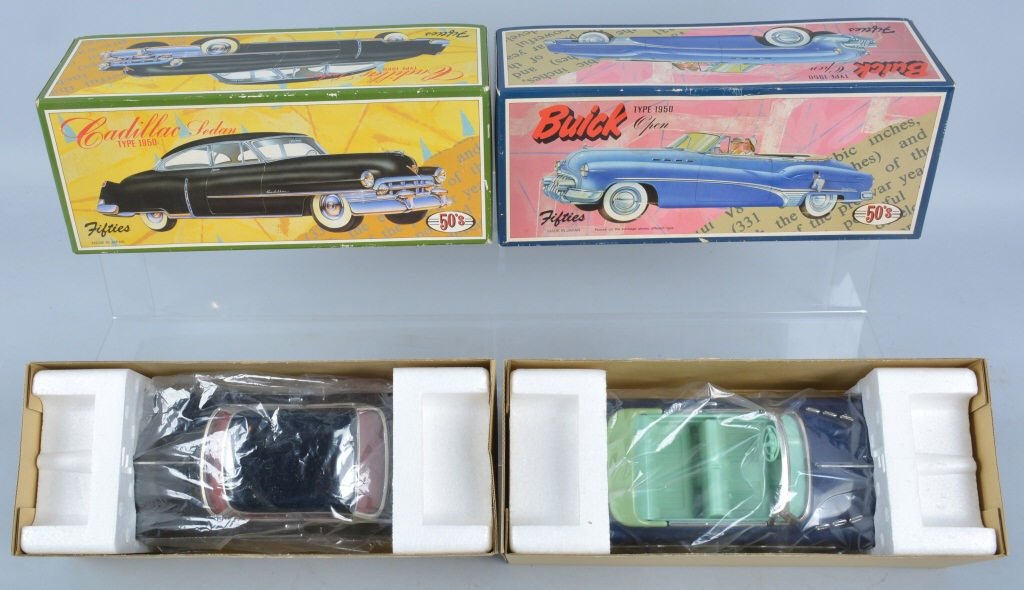 Lot of 2 1950s TIN FRICTION CARS w/ BOX: Includes 1950s Cadillac Sedan and 1950s Buick Open. Both new in the Box. Near Mint